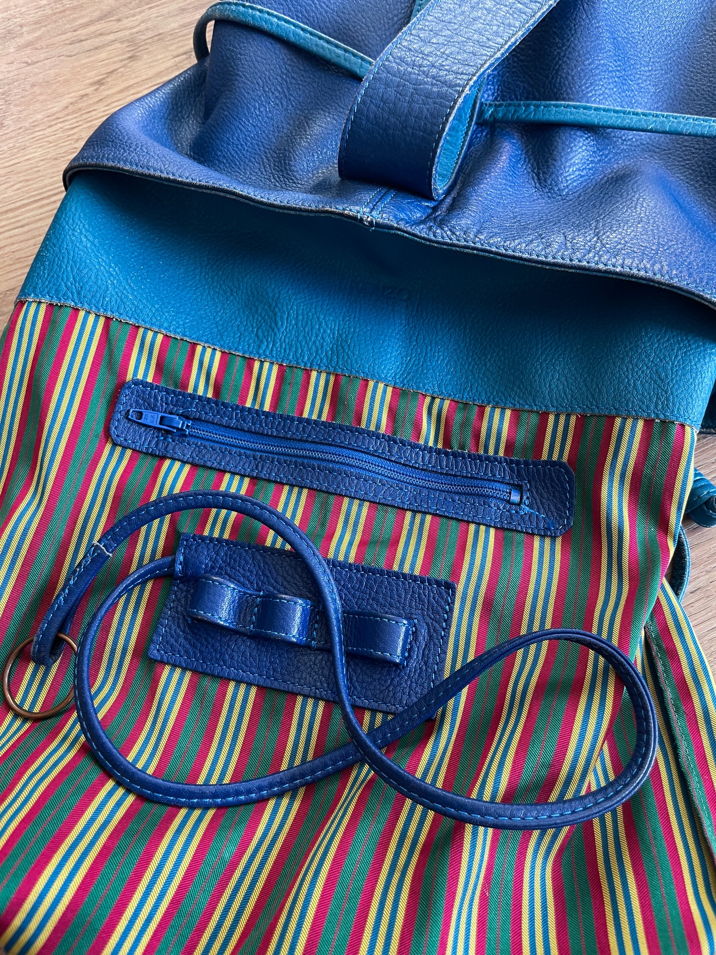 1990s Vintage KENZO Blue Leather Cinch Bucket Bag Crossbody Purse