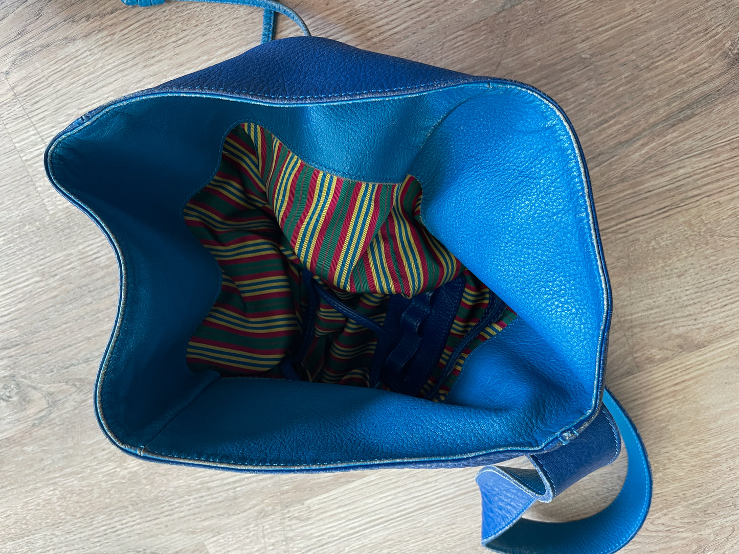 1990s Vintage KENZO Blue Leather Cinch Bucket Bag Crossbody Purse