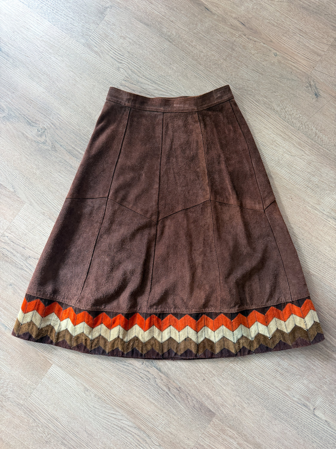 1970s Vintage Brown Suede Patchwork A-line Skirt by Ms. Today