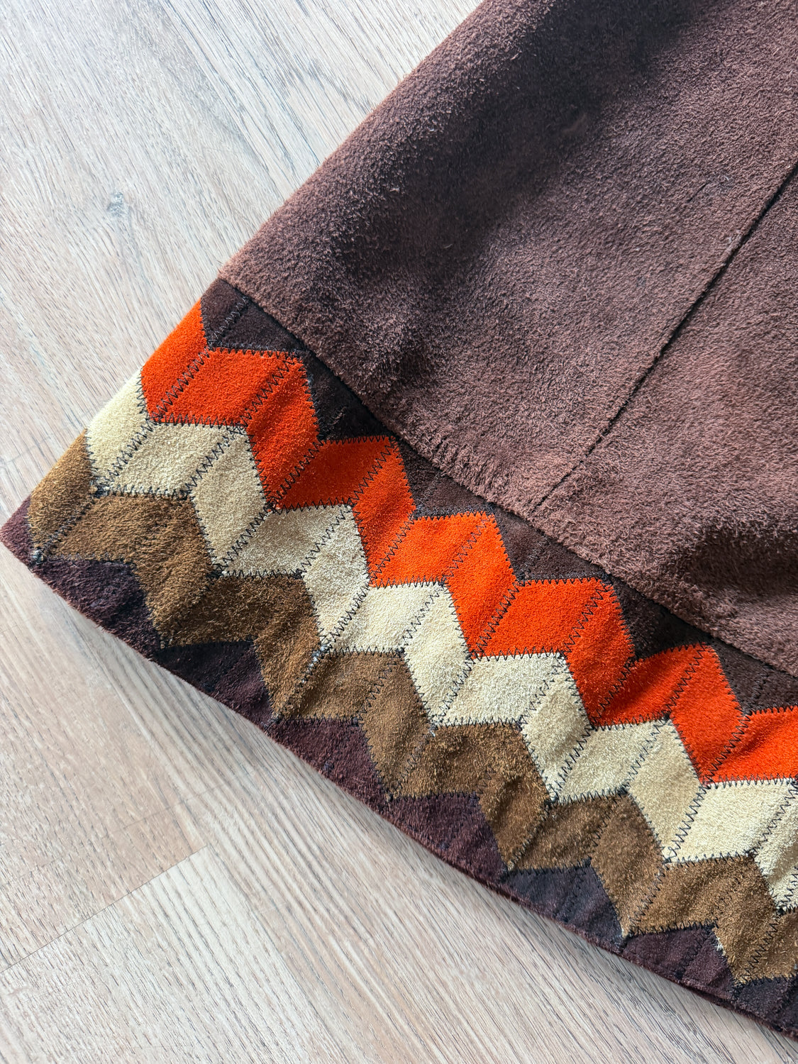 1970s Vintage Brown Suede Patchwork A-line Skirt by Ms. Today