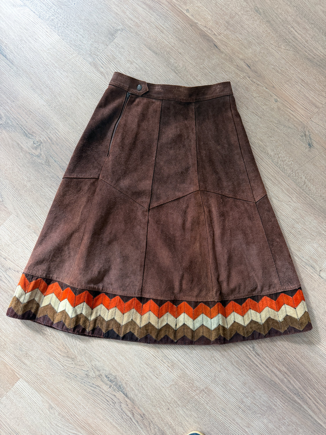 1970s Vintage Brown Suede Patchwork A-line Skirt by Ms. Today