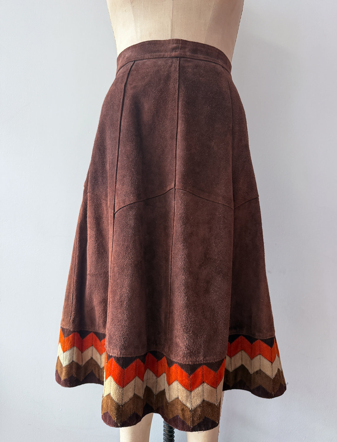 1970s Vintage Brown Suede Patchwork A-line Skirt by Ms. Today