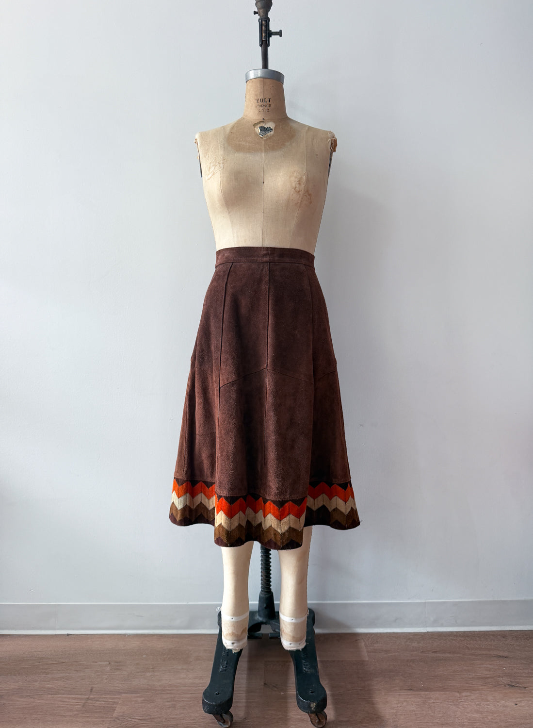 1970s Vintage Brown Suede Patchwork A-line Skirt by Ms. Today