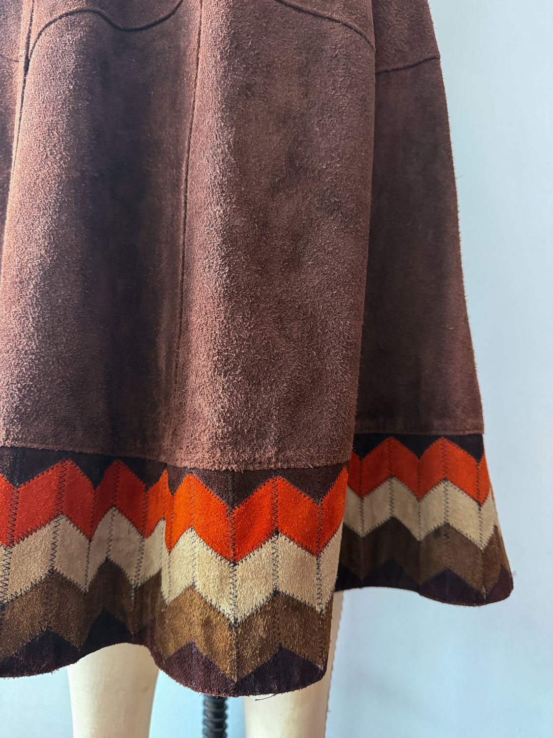 1970s Vintage Brown Suede Patchwork A-line Skirt by Ms. Today