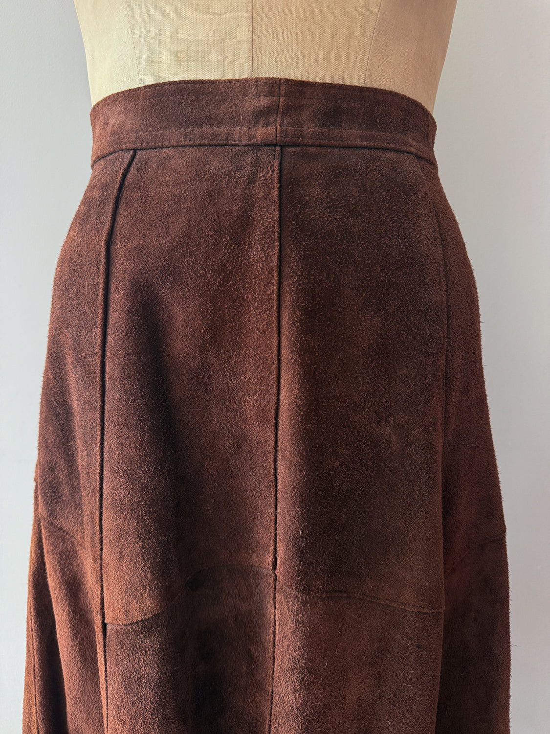 1970s Vintage Brown Suede Patchwork A-line Skirt by Ms. Today