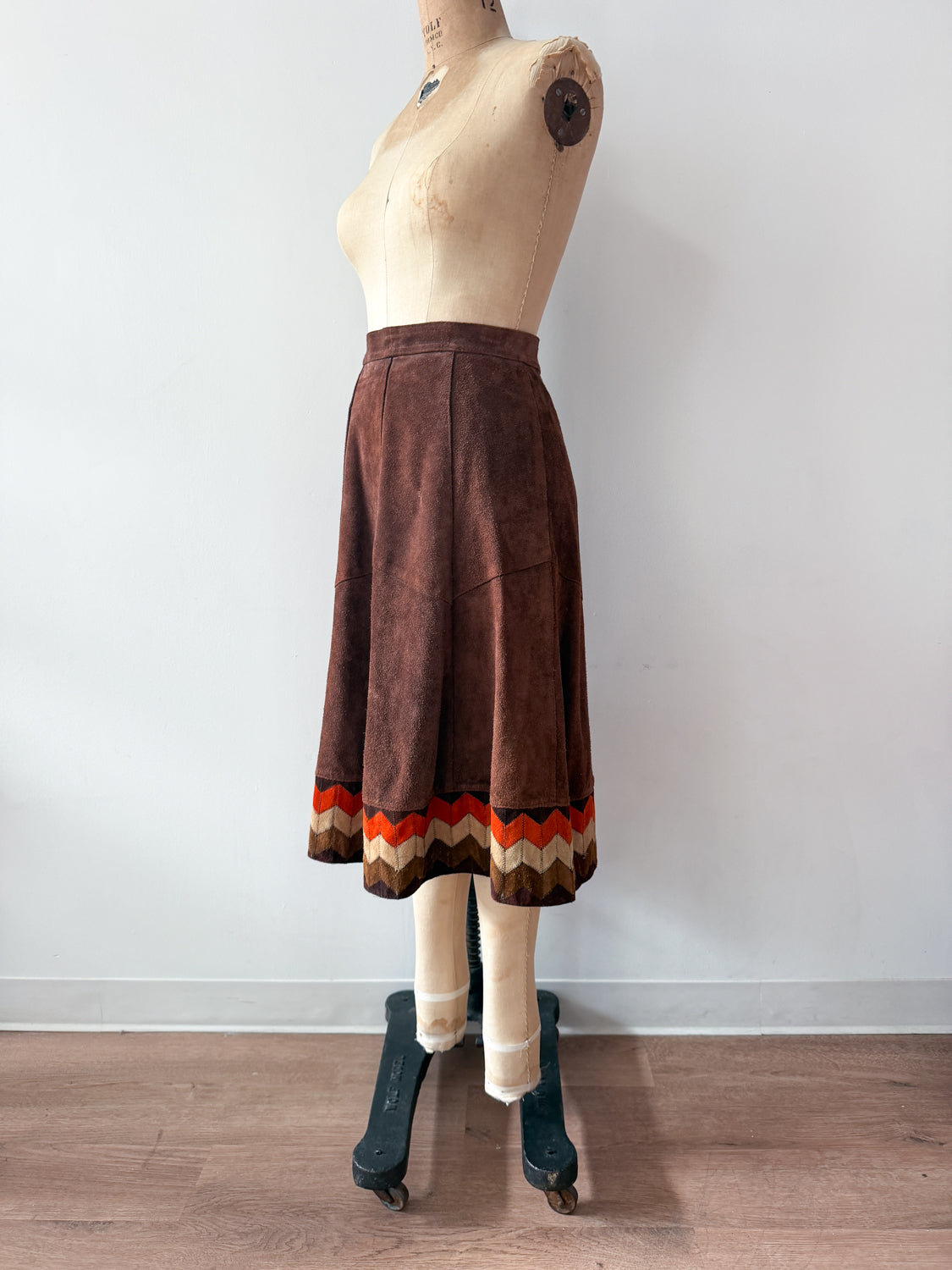 1970s Vintage Brown Suede Patchwork A-line Skirt by Ms. Today