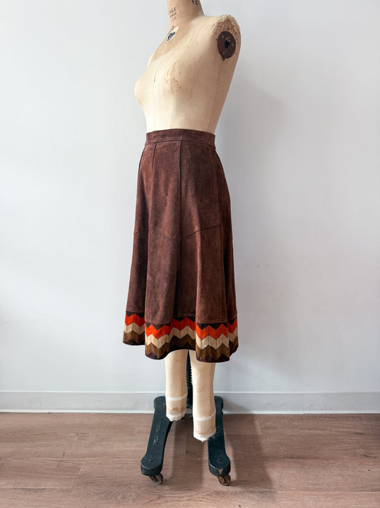 1970s Vintage Brown Suede Patchwork A-line Skirt by Ms. Today