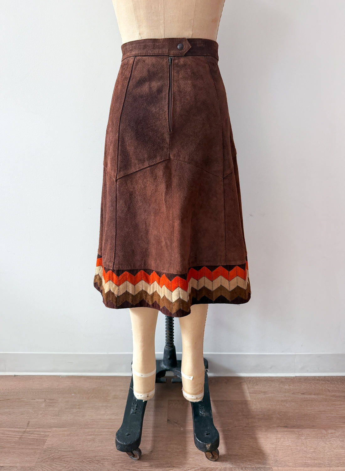 1970s Vintage Brown Suede Patchwork A-line Skirt by Ms. Today