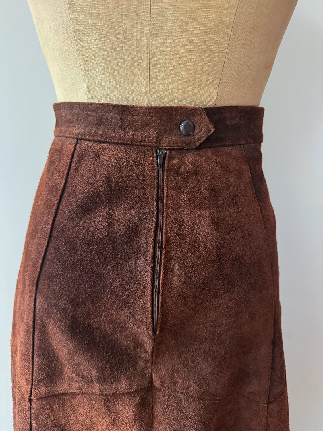 1970s Vintage Brown Suede Patchwork A-line Skirt by Ms. Today