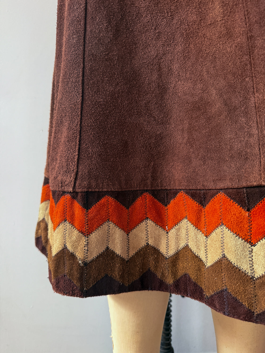 1970s Vintage Brown Suede Patchwork A-line Skirt by Ms. Today