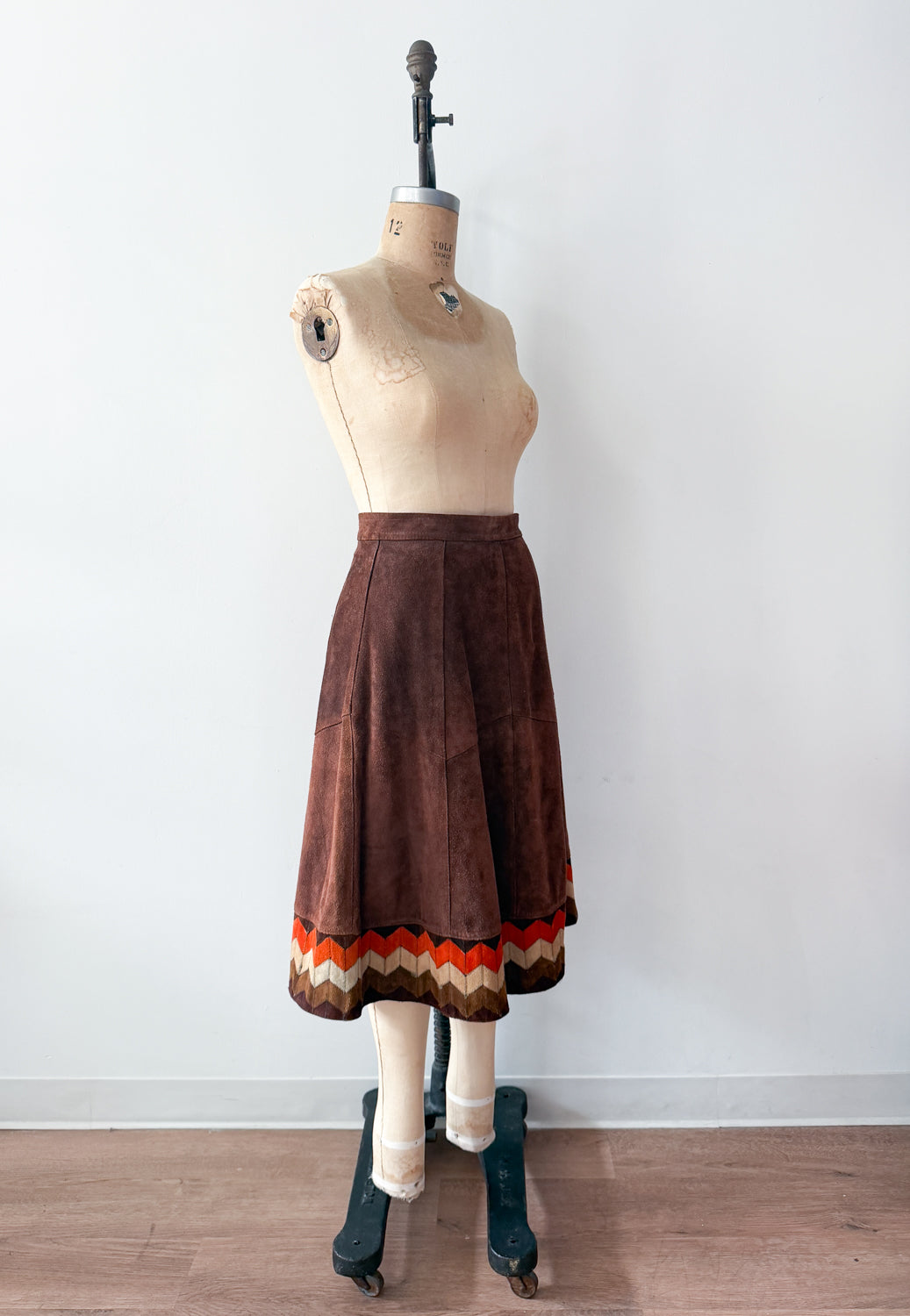 1970s Vintage Brown Suede Patchwork A-line Skirt by Ms. Today