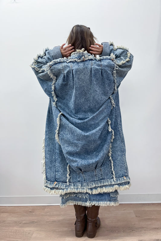 1990s Vintage Denim Medium Stone Wash Fringed Long Full Length Coat by Letty's Ann Arbor