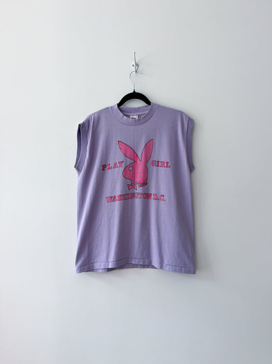 1980s Vintage USA Made Playgirl Playboy Bunny Washington D.C. Purple Sleeveless Muscle Tank T-shirt