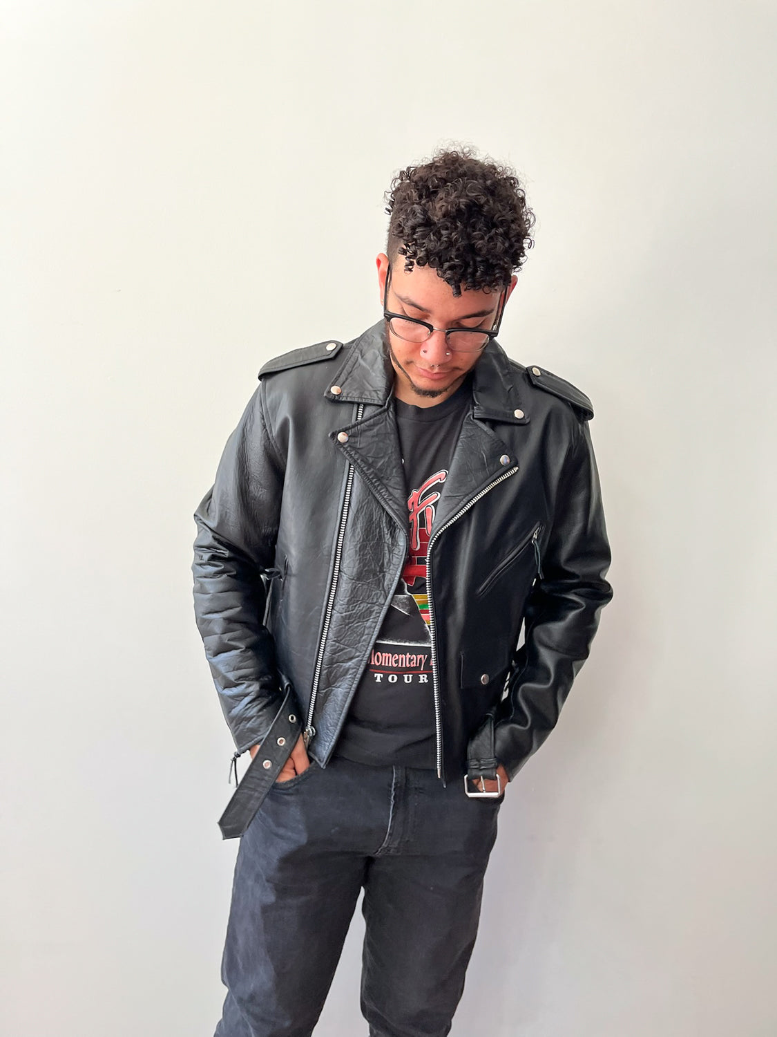 1980s Vintage Black Leather Quilted Motorcycle Jacket by Sea Dream