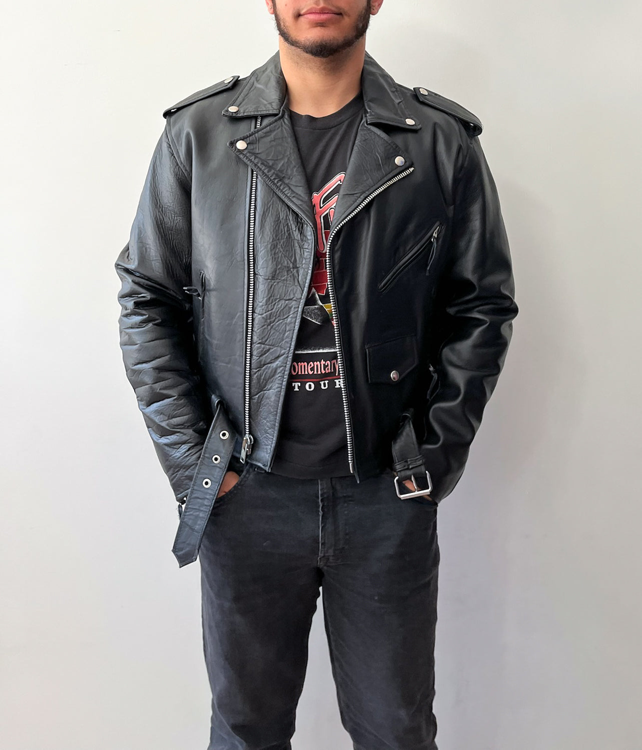 1980s Vintage Black Leather Quilted Motorcycle Jacket by Sea Dream