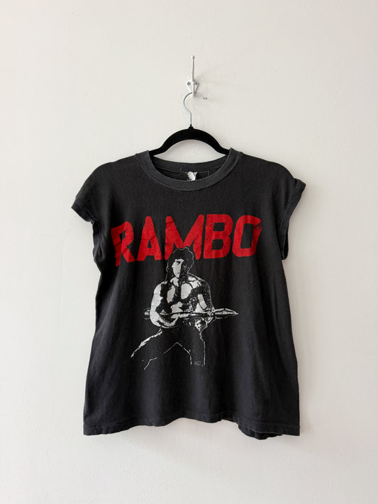 1980s Vintage Rambo Sylvester Stallone Muscle Sleeveless Bootleg Tee Shirt