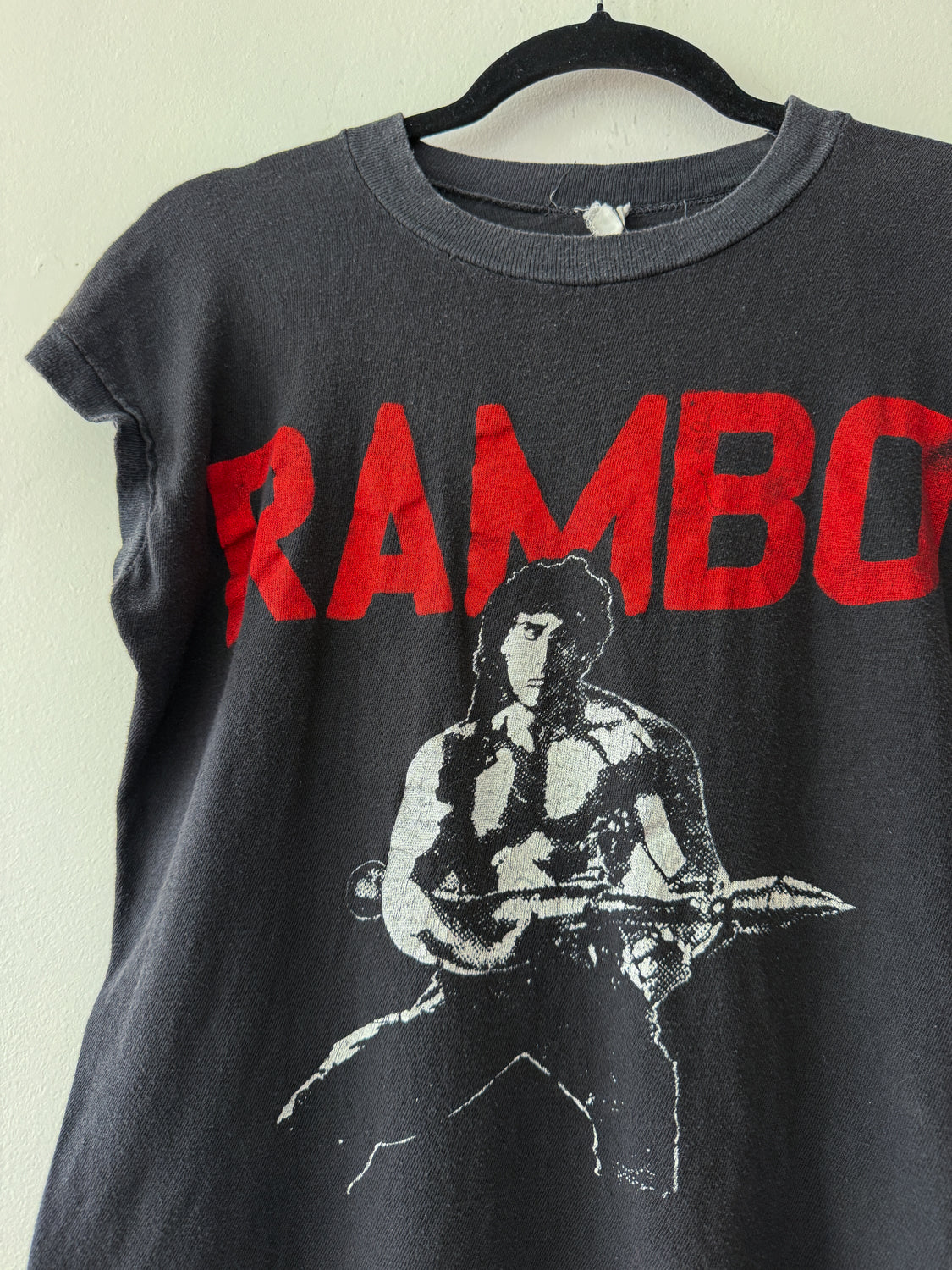 1980s Vintage Rambo Sylvester Stallone Muscle Sleeveless Bootleg Tee Shirt