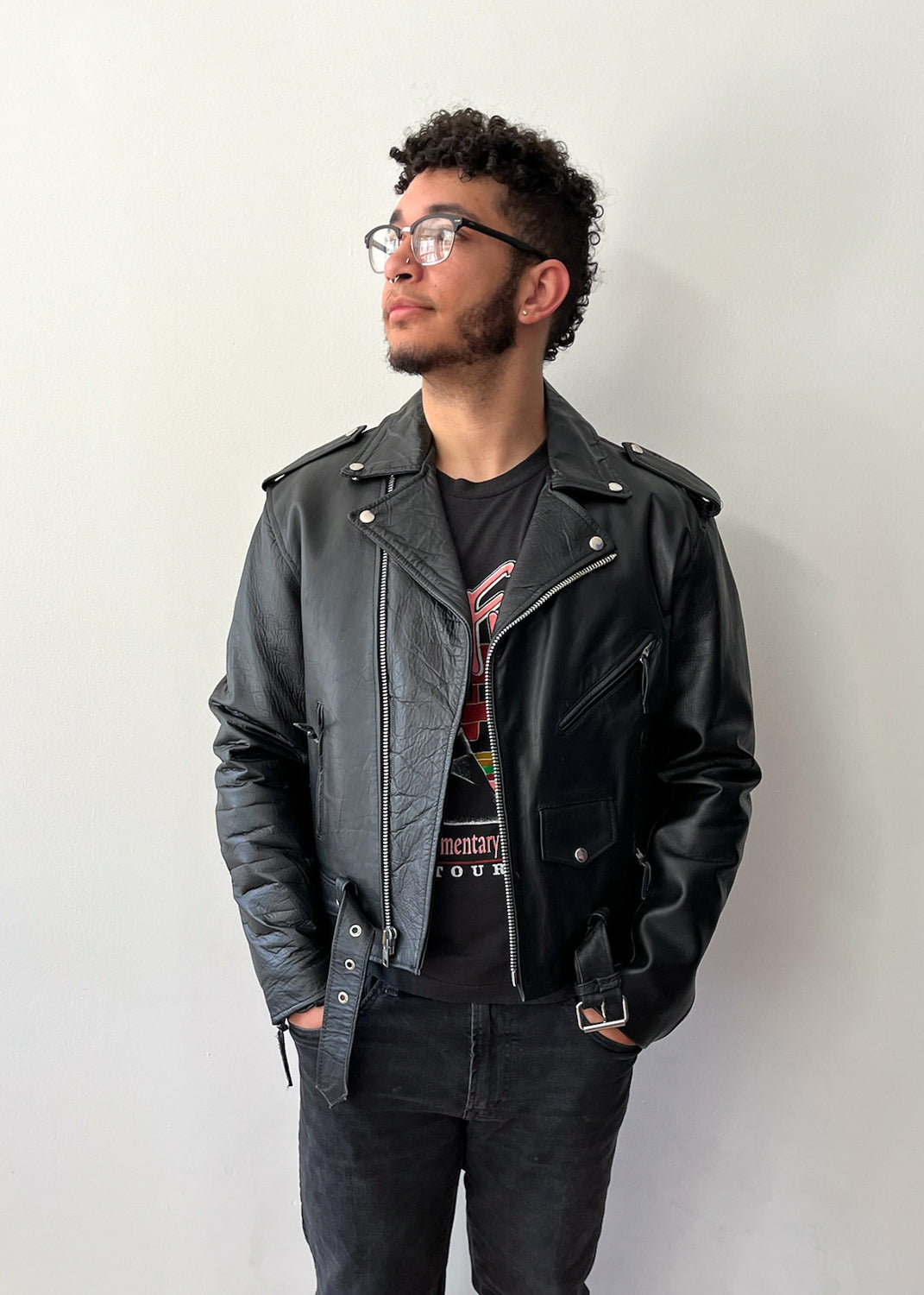 1980s Vintage Black Leather Quilted Motorcycle Jacket by Sea Dream