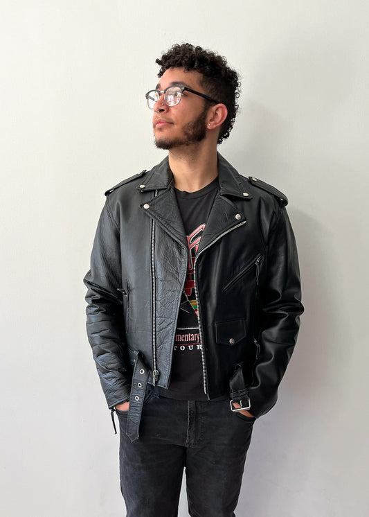 1980s Vintage Black Leather Quilted Motorcycle Jacket by Sea Dream