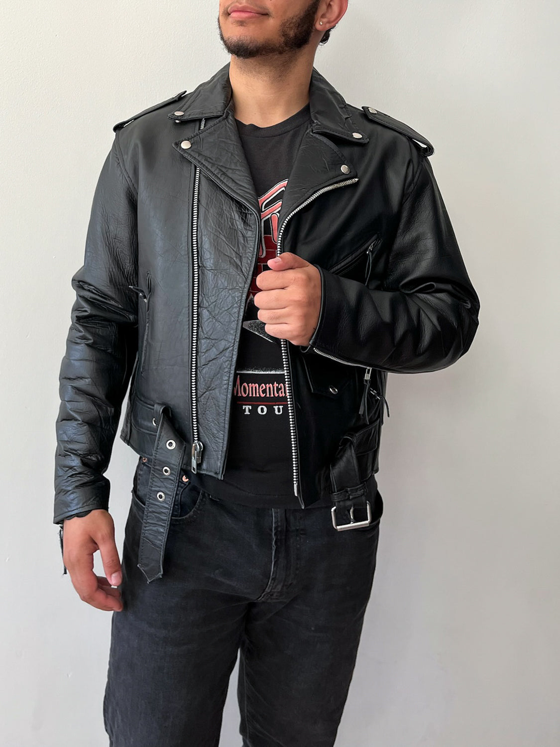 1980s Vintage Black Leather Quilted Motorcycle Jacket by Sea Dream
