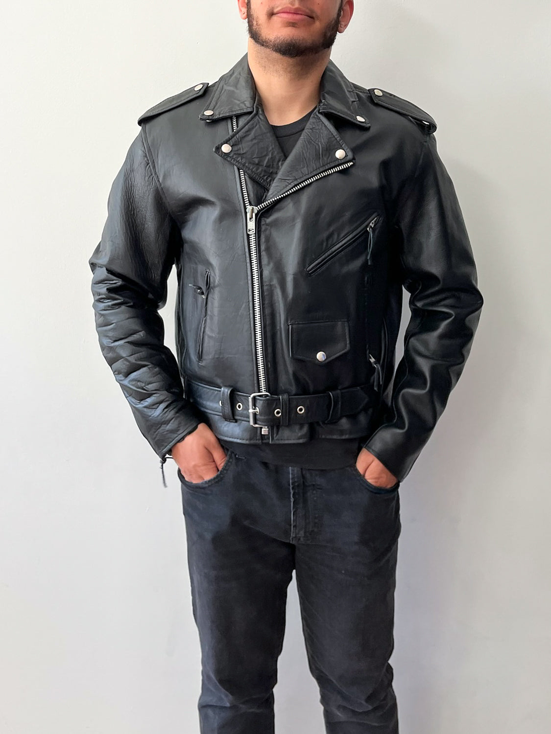 1980s Vintage Black Leather Quilted Motorcycle Jacket by Sea Dream