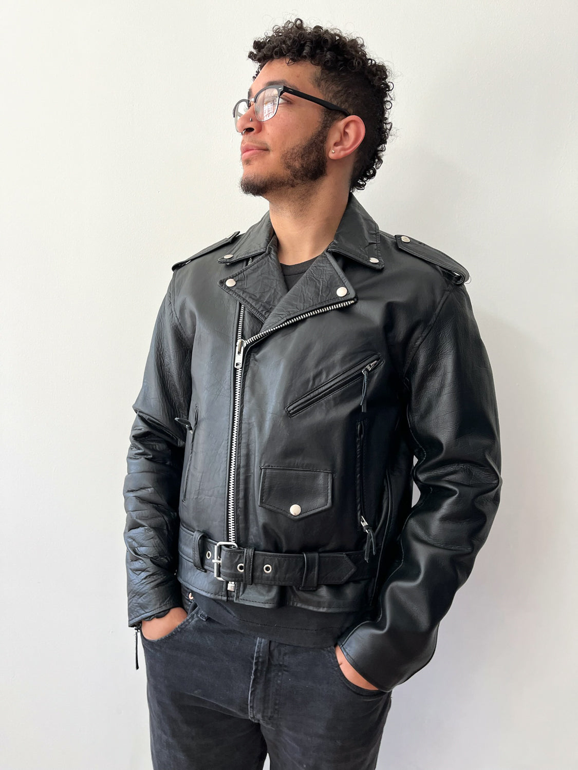1980s Vintage Black Leather Quilted Motorcycle Jacket by Sea Dream