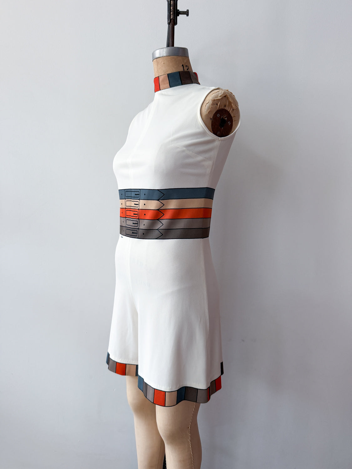 1960s Vintage Mr. Dino Rare "Belted" Trompe L'oeil 2D Cartoon Tri-color Romper
