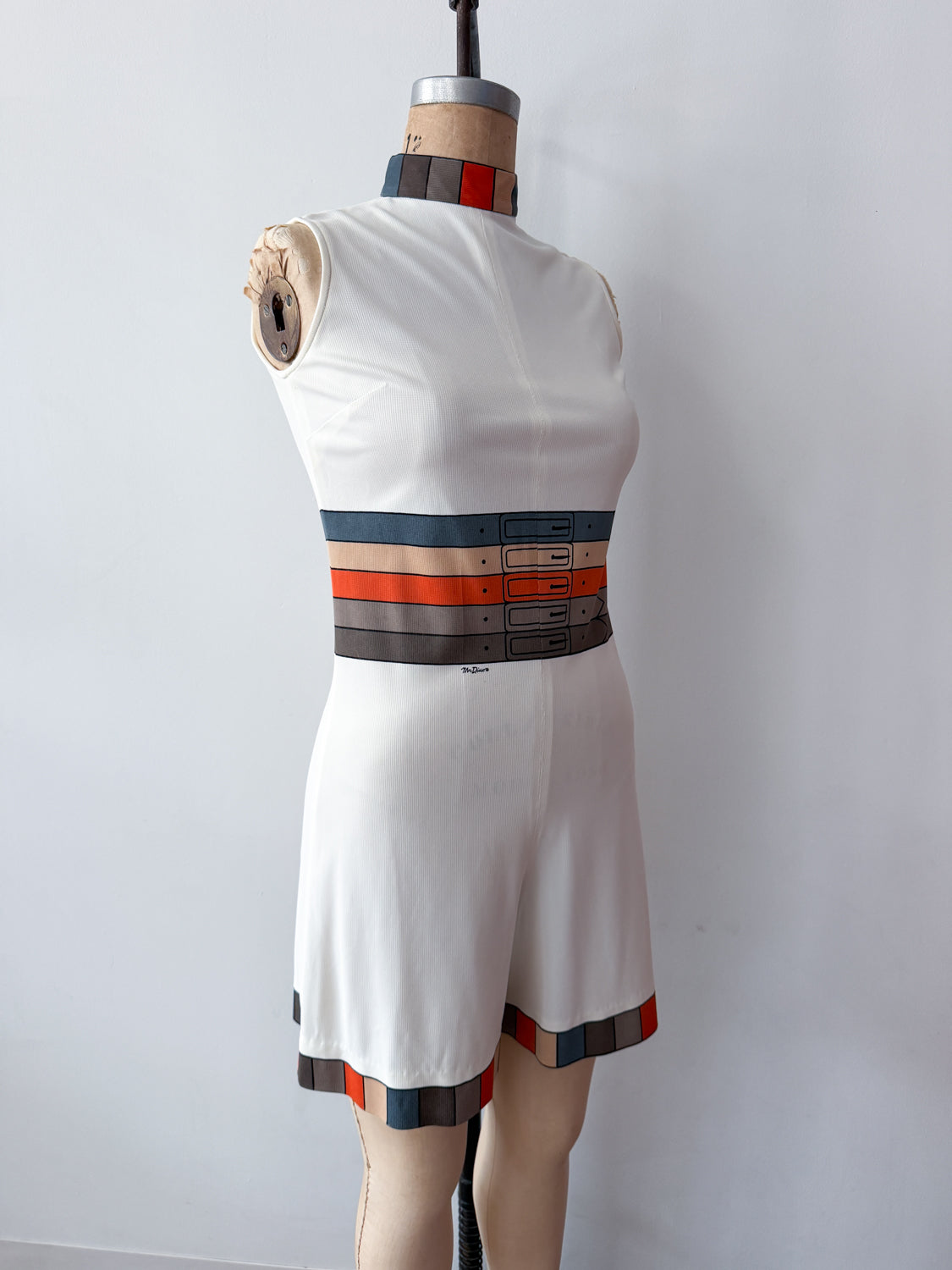 1960s Vintage Mr. Dino Rare "Belted" Trompe L'oeil 2D Cartoon Tri-color Romper