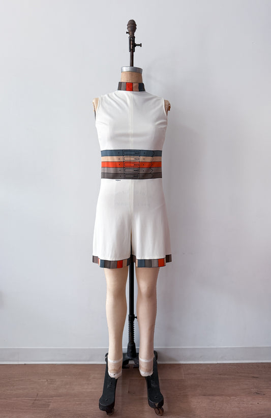 1960s Vintage Mr. Dino Rare "Belted" Trompe L'oeil 2D Cartoon Tri-color Romper