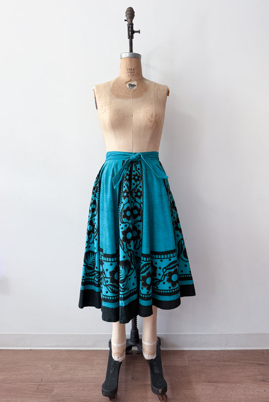 1950s Vintage Maya de Mexico Teal Floral Cotton Patio Full Circle Skirt