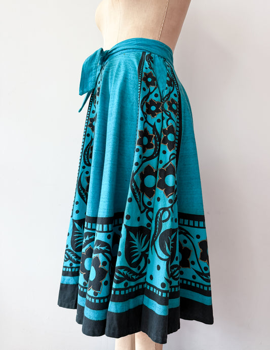 1950s Vintage Maya de Mexico Teal Floral Cotton Patio Full Circle Skirt