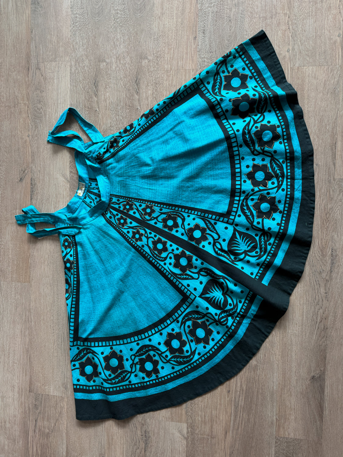 1950s Vintage Maya de Mexico Teal Floral Cotton Patio Full Circle Skirt