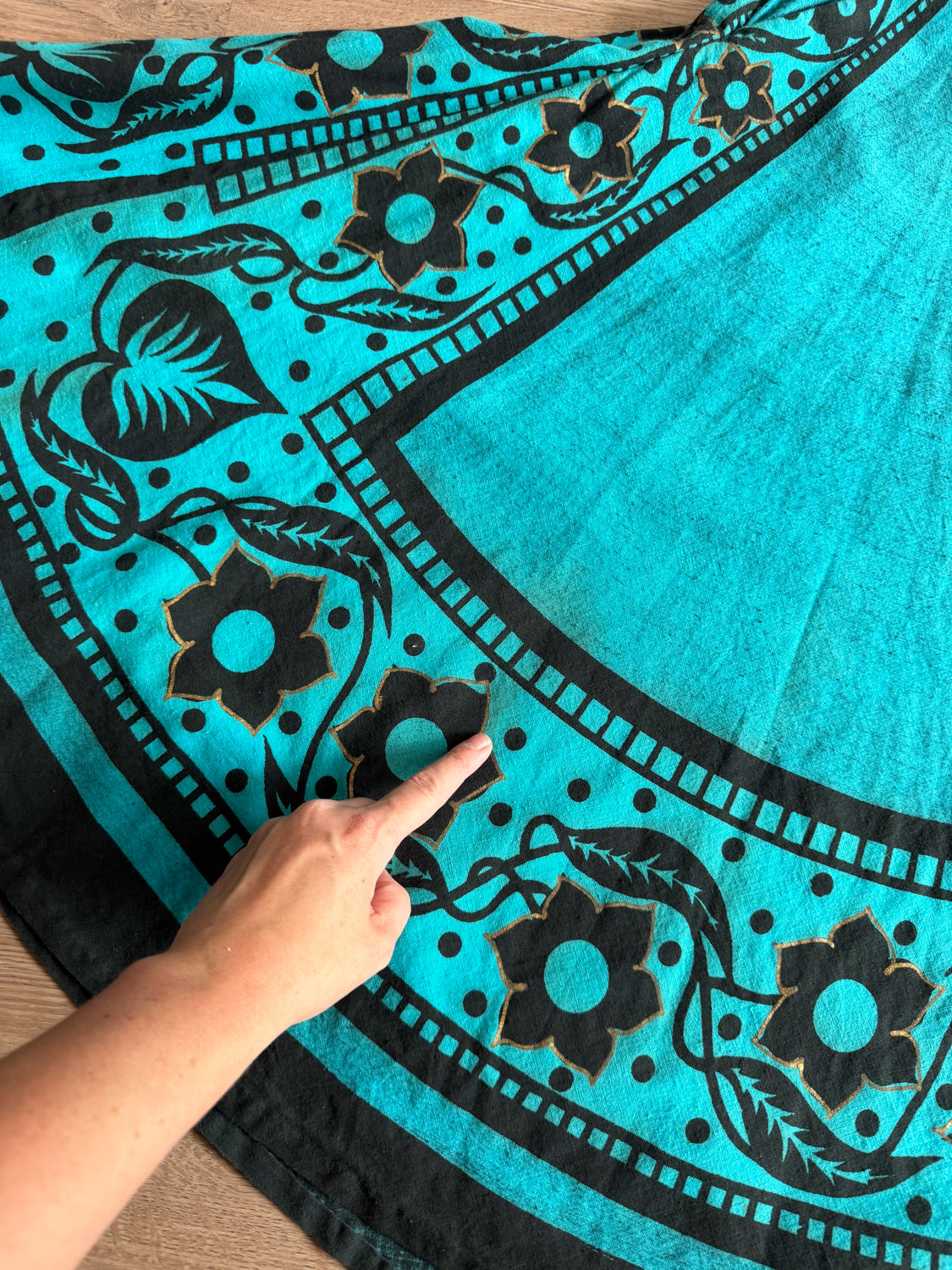 1950s Vintage Maya de Mexico Teal Floral Cotton Patio Full Circle Skirt