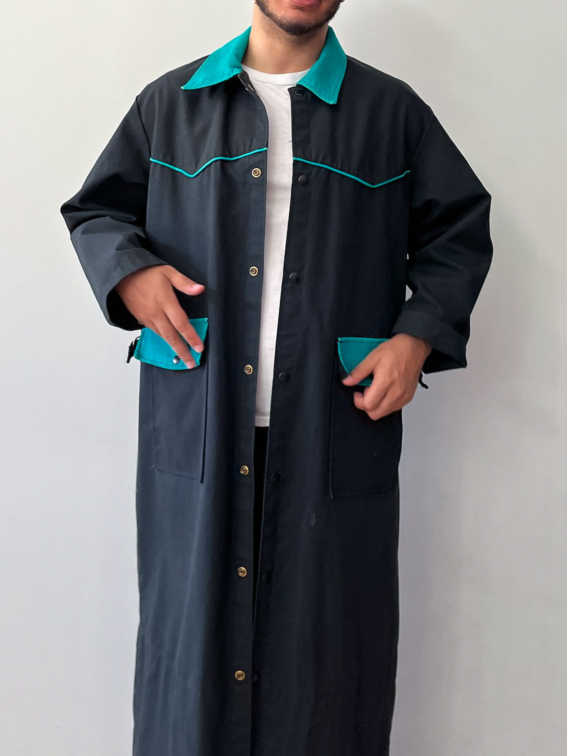1980s Vintage Western Workwear Teal + Black Canvas Duster Coat by David James