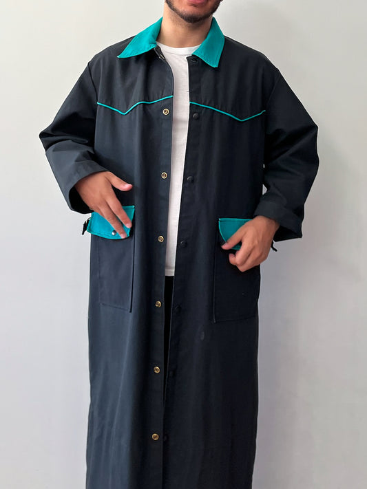 1980s Vintage Western Workwear Teal + Black Canvas Duster Coat by David James