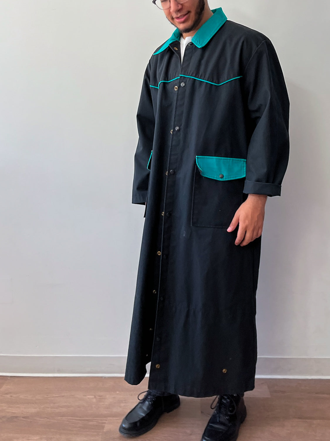1980s Vintage Western Workwear Teal + Black Canvas Duster Coat by David James