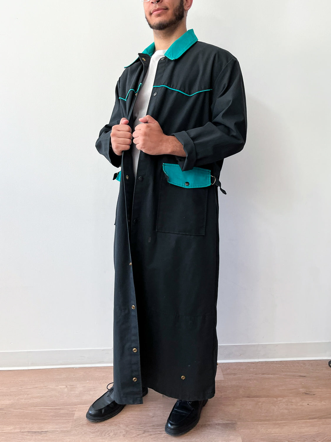 1980s Vintage Western Workwear Teal + Black Canvas Duster Coat by David James