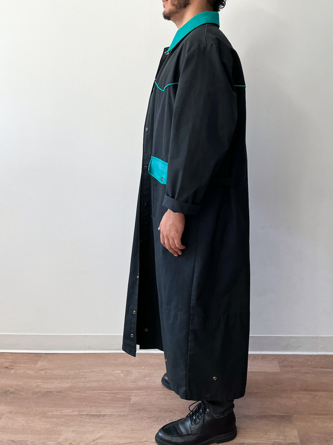 1980s Vintage Western Workwear Teal + Black Canvas Duster Coat by David James