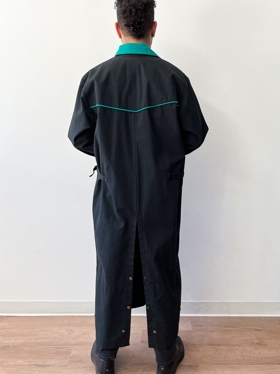 1980s Vintage Western Workwear Teal + Black Canvas Duster Coat by David James