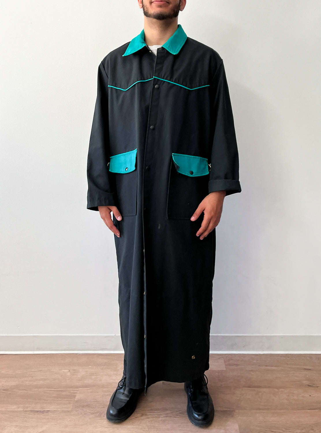 1980s Vintage Western Workwear Teal + Black Canvas Duster Coat by David James