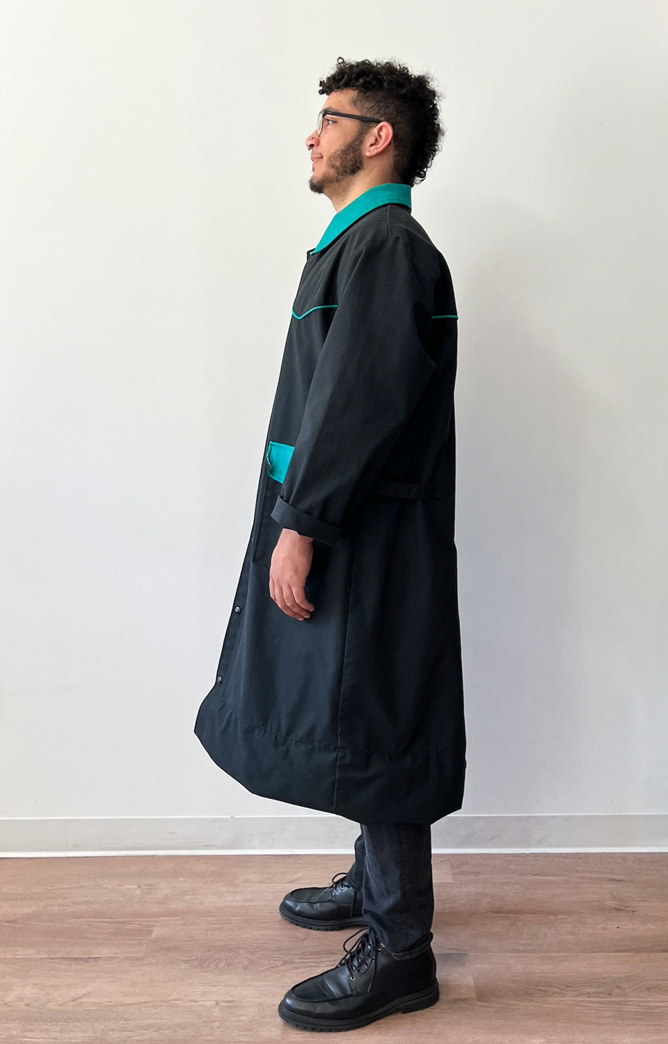 1980s Vintage Western Workwear Teal + Black Canvas Duster Coat by David James