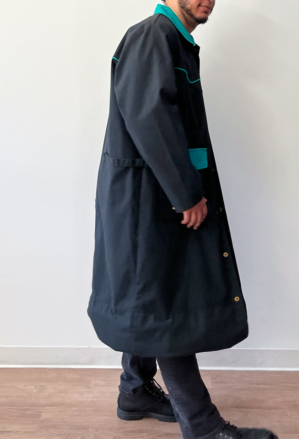 1980s Vintage Western Workwear Teal + Black Canvas Duster Coat by David James