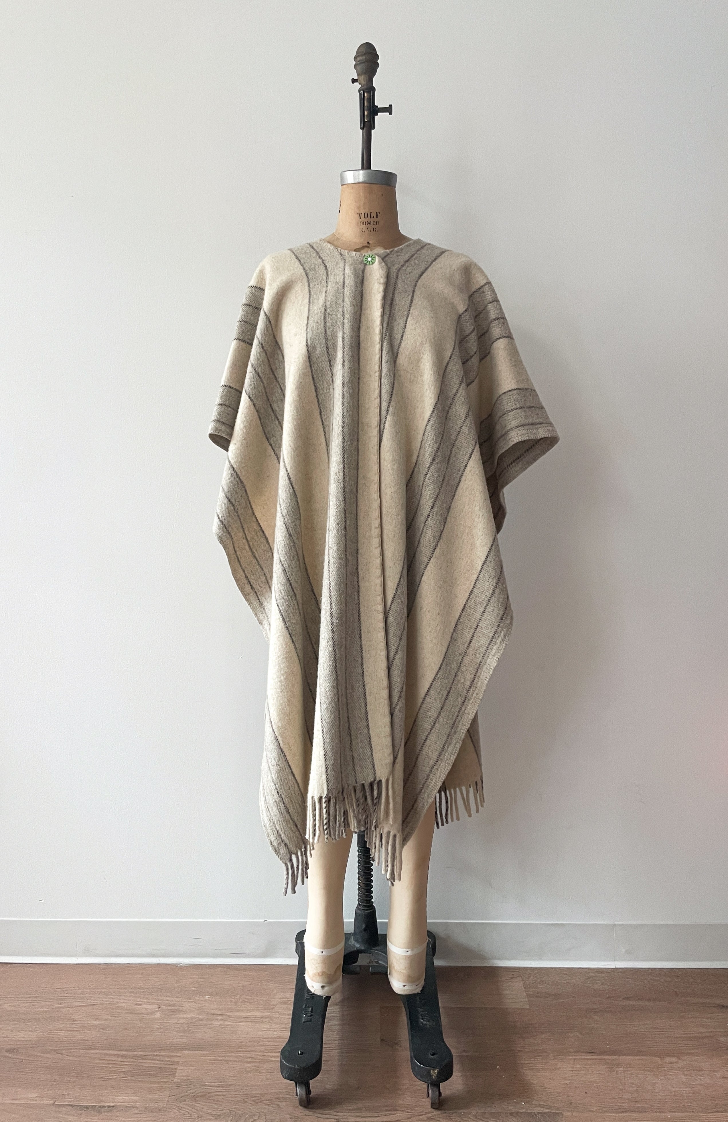 1960s Vintage Wool Striped Fringed Poncho Cape by Artisanias Reyes