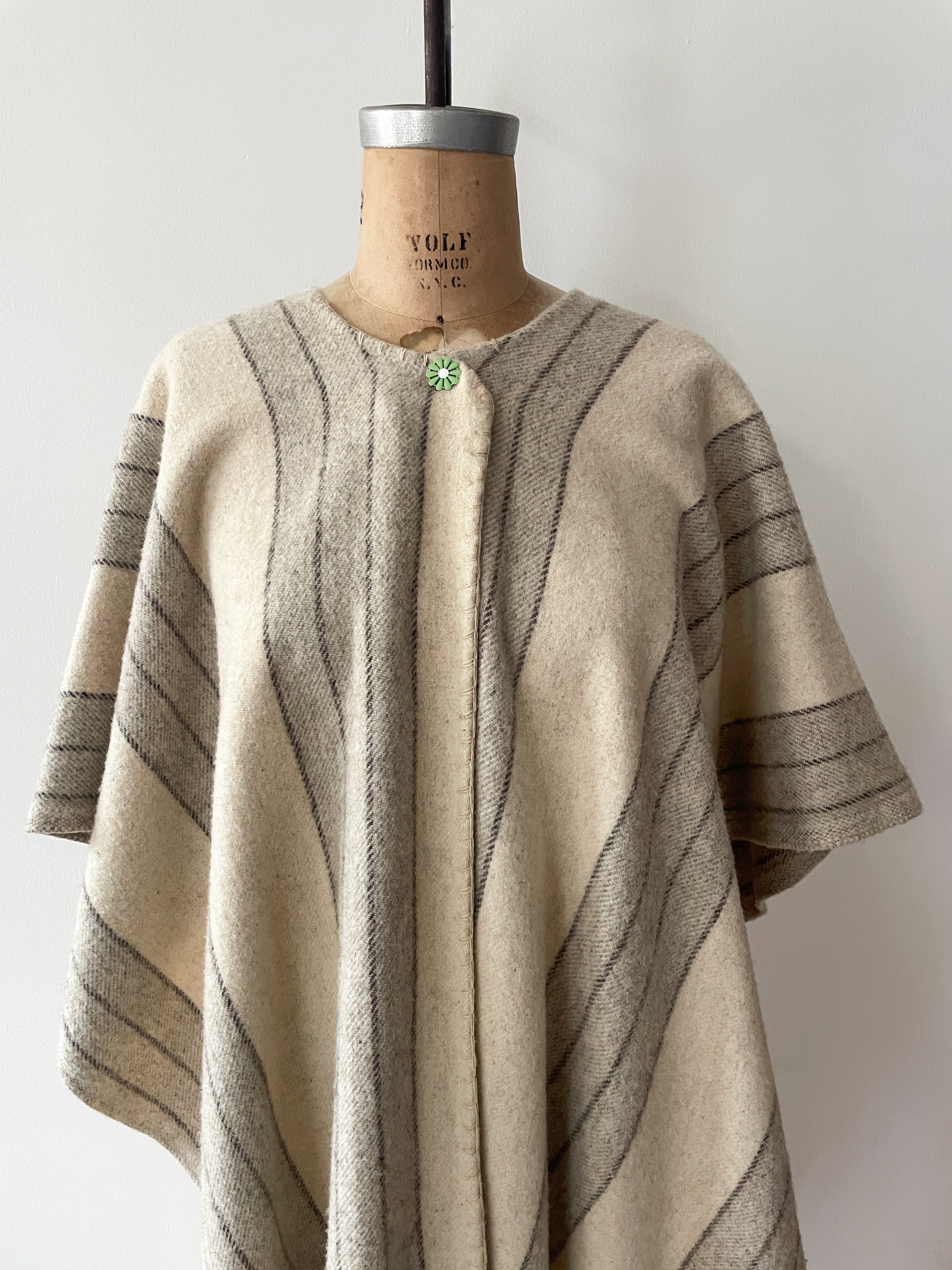1960s Vintage Wool Striped Fringed Poncho Cape by Artisanias Reyes