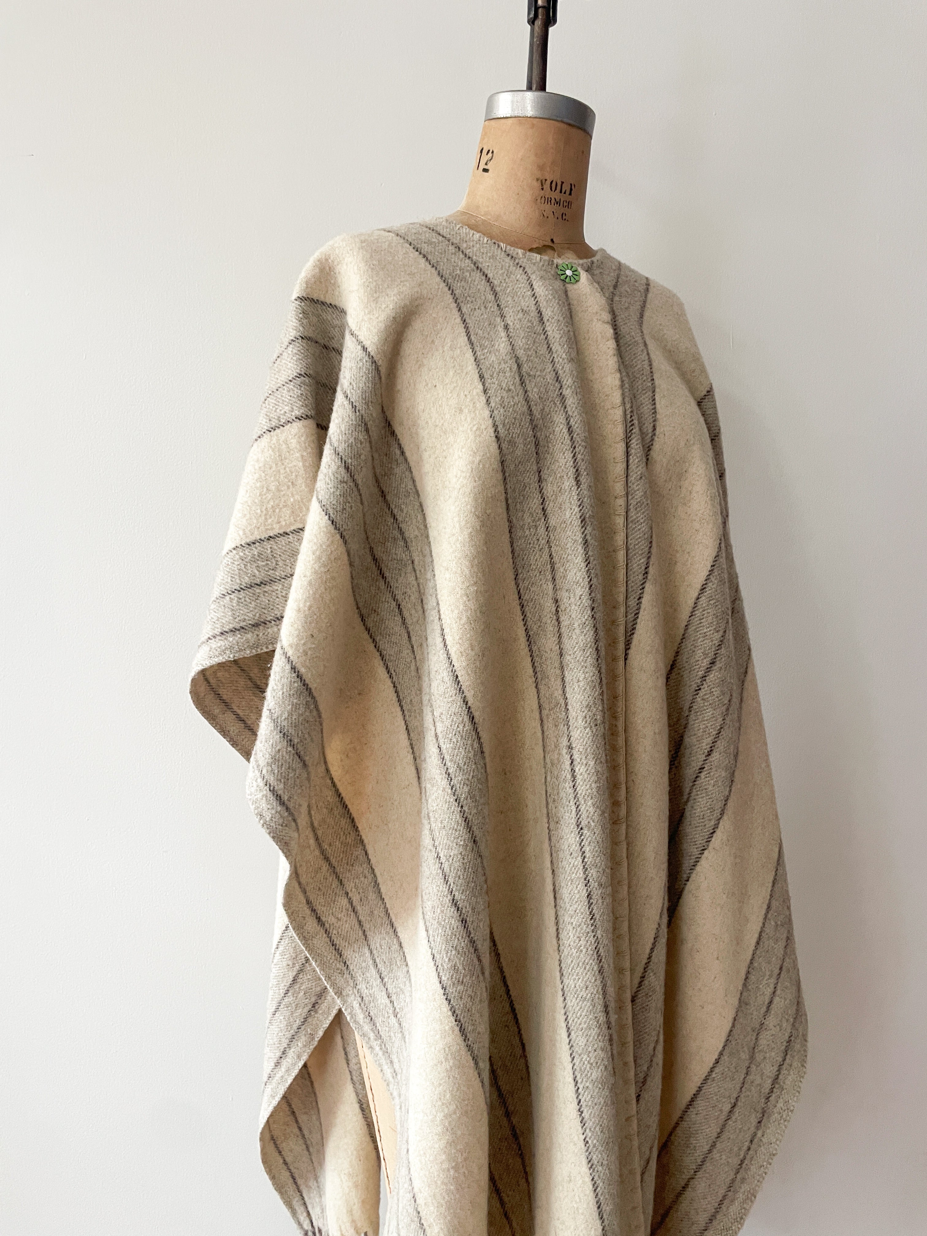 1960s Vintage Wool Striped Fringed Poncho Cape by Artisanias Reyes