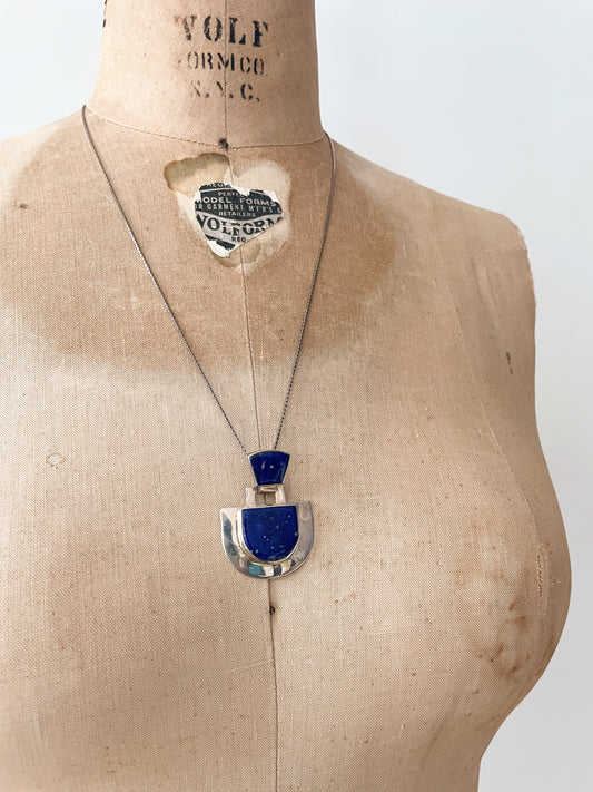 1990s Vintage Sterling Silver & Lapis Lazuli Abstract Statement Modernist Pendant Necklace