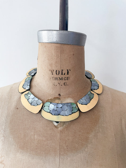 1980s Vintage Floral Inlay Shell & Enamel Collar