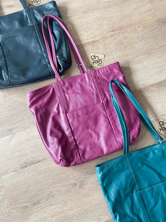 1980s Vintage Leather Zip Closure XL Totes - Plum, Teal, & Deep Navy