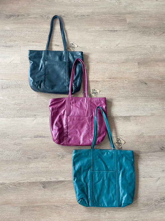1980s Vintage Leather Zip Closure XL Totes - Plum, Teal, & Deep Navy