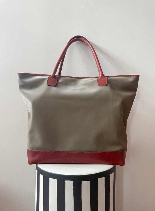1990s Vintage XL Calvin Klein Tan Canvas & Leather Tote Bag